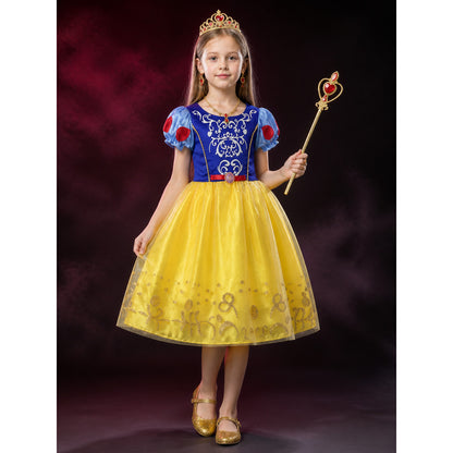 Girls Snow White Princess Costume Set - Tutu Dress With Puff Sleeves, Crown main product view