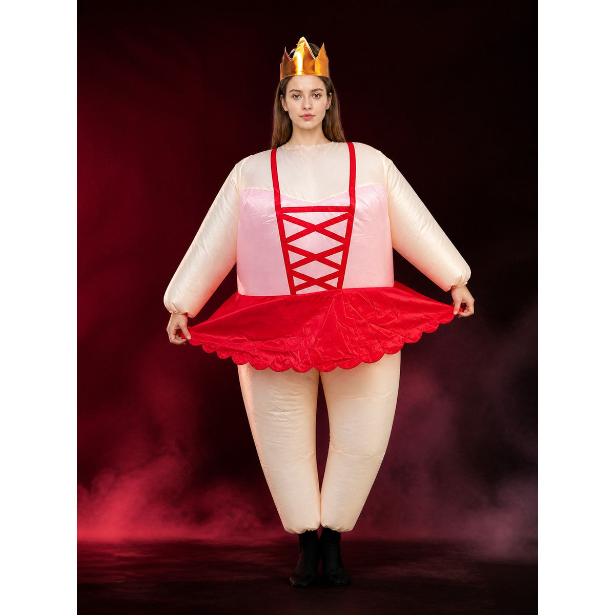 Unisex Red & White Criss-Cross Bodice Costume Set with Crown and Wavy Skirt main product view