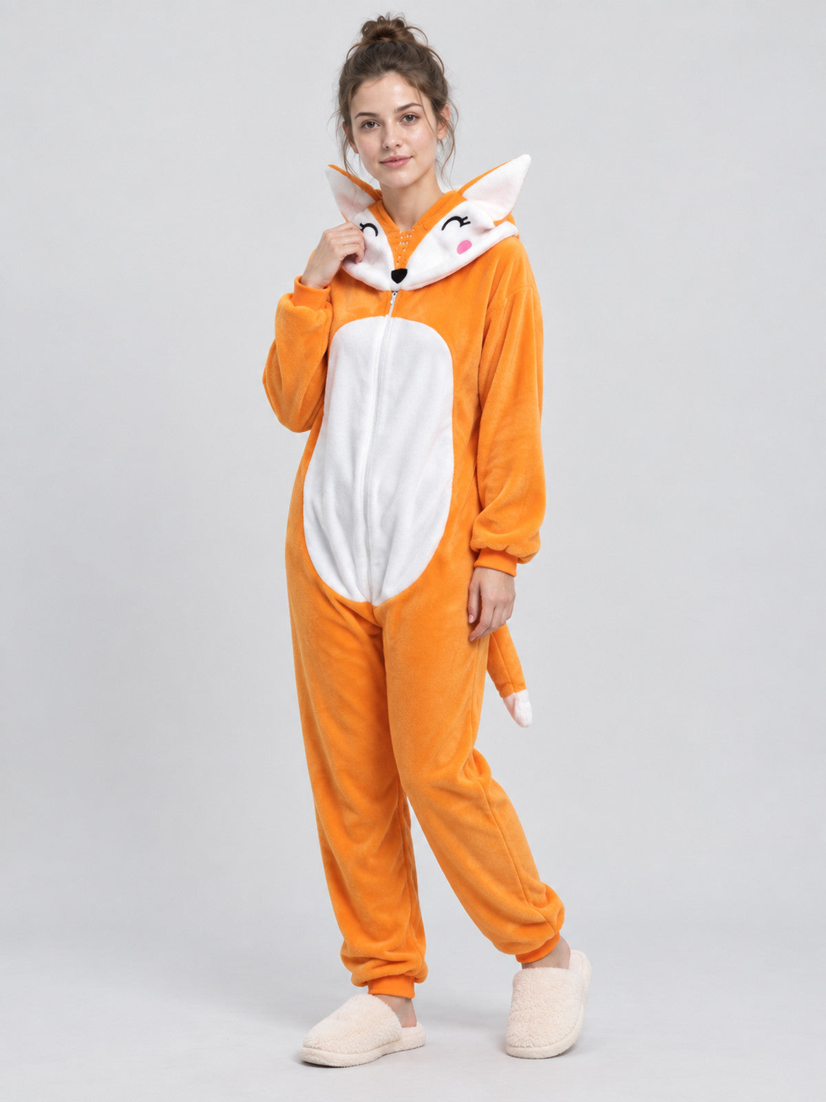 Orange Hooded Fox Design Pajama Jumpsuit