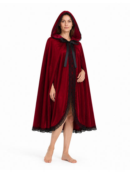 Burgundy Hooded Cape with Black Lace and Bow Costume Capes detail