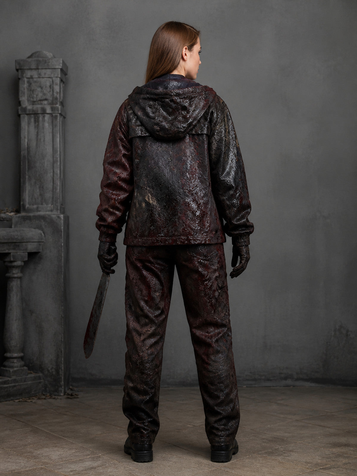 Jason Horror Costume with Silver-Grey Full-Face Mask and Distressed Texture