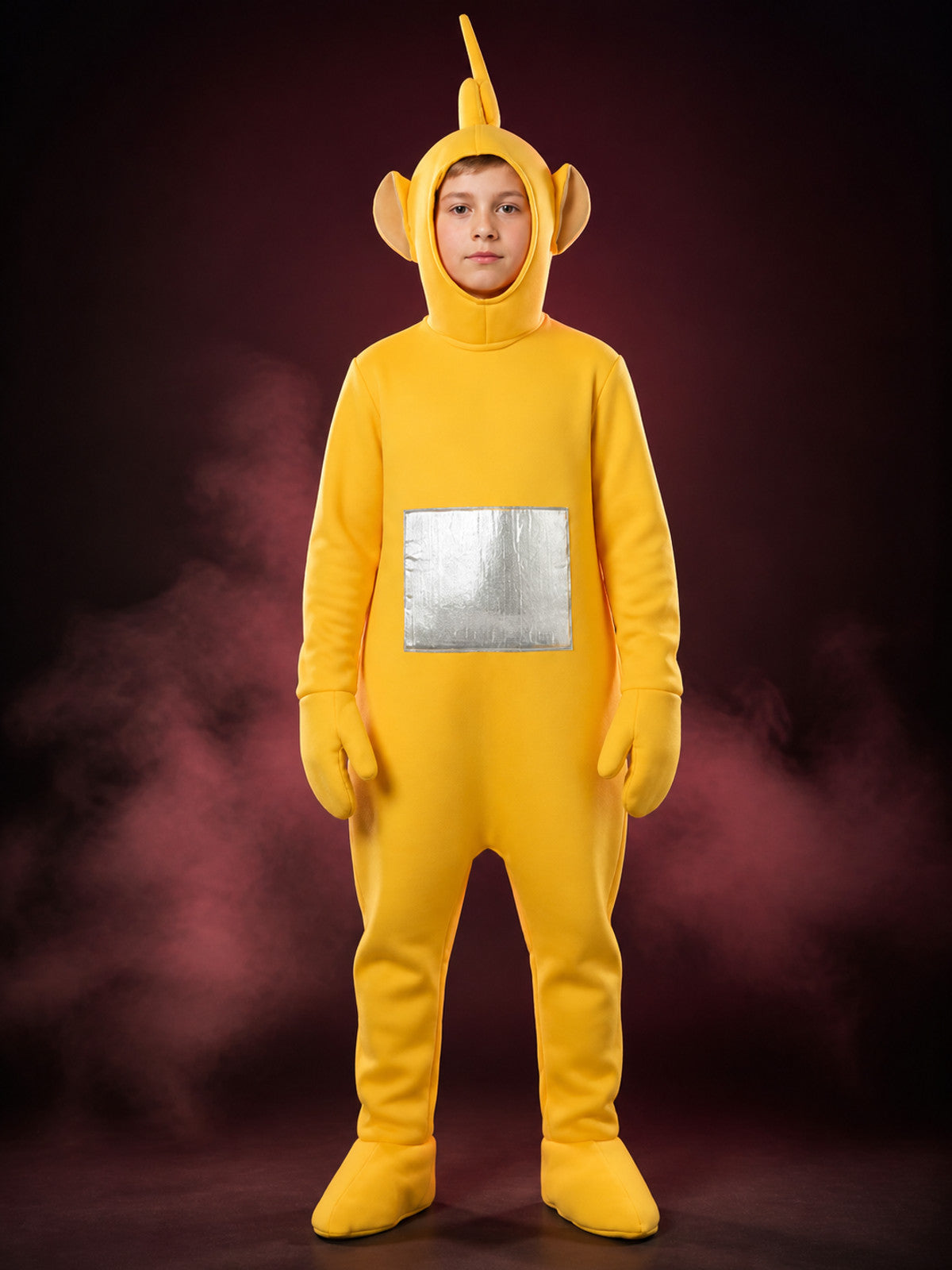 Adult Yellow Cartoon Character Footed Onesie Costume with Antenna and Silver main product view