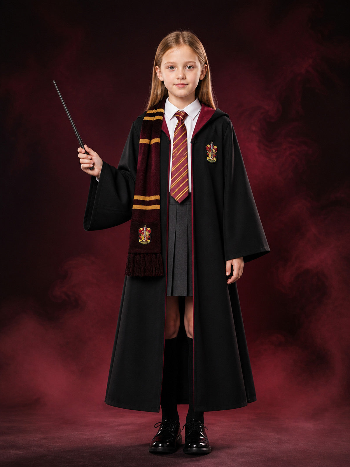 Women's Wizard School Costume Set with Hooded Robe, Wand, Tie, Scarf, Skirt and