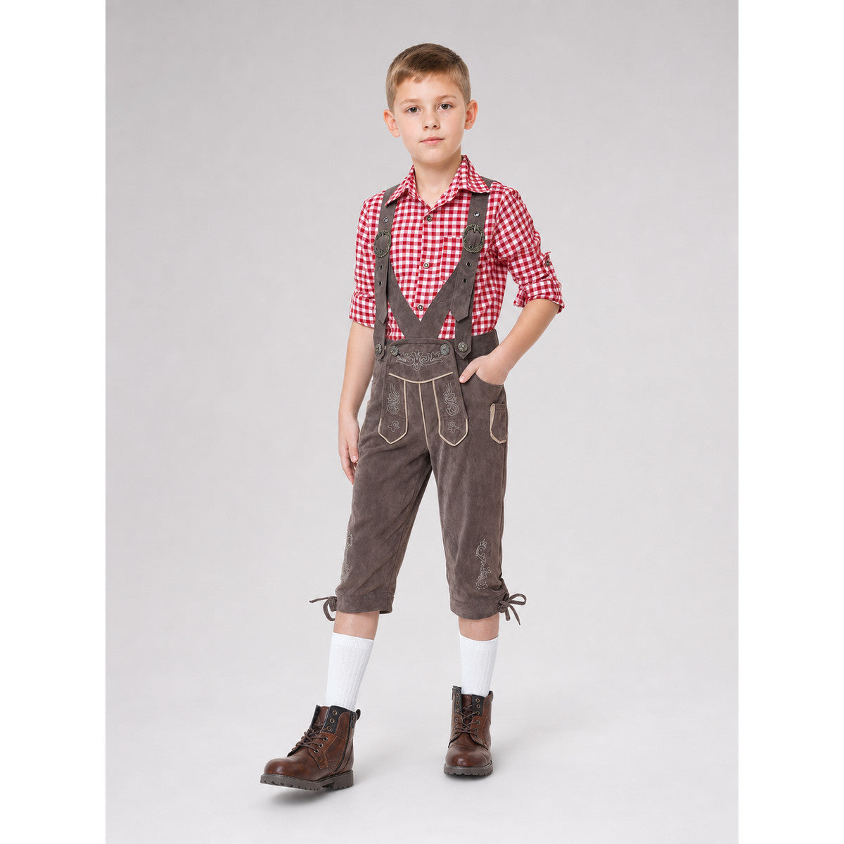 Alpine-style outfit: plaid shirt and pants lifestyle