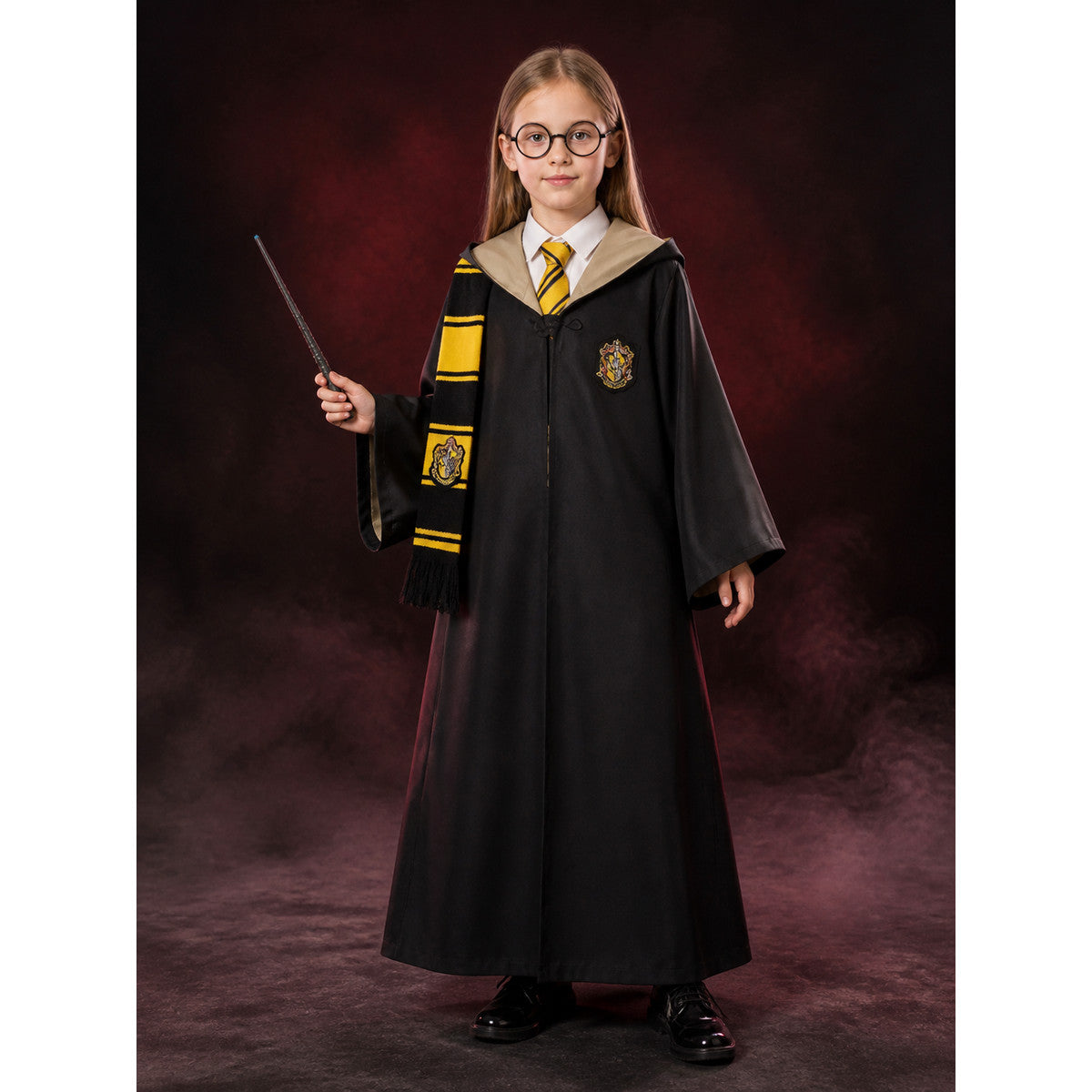 Wizard Robe Costume Set with Striped Scarf, Tie, Glasses and Wand main product view