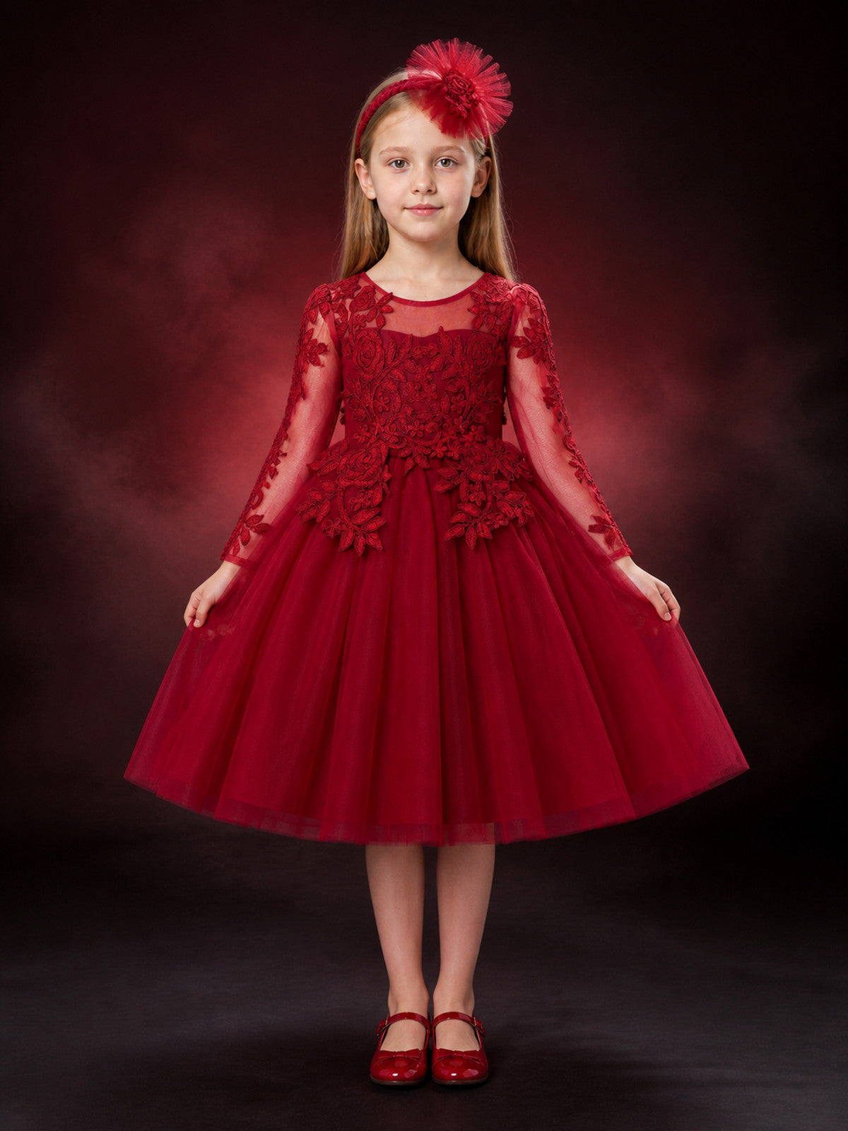 Girls' Burgundy Princess Dress, Embroidered Tulle Long Sleeve Flower Girl Gown main product view