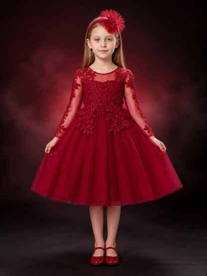 Girls' Burgundy Princess Dress, Embroidered Tulle Long Sleeve Flower Girl Gown main product view