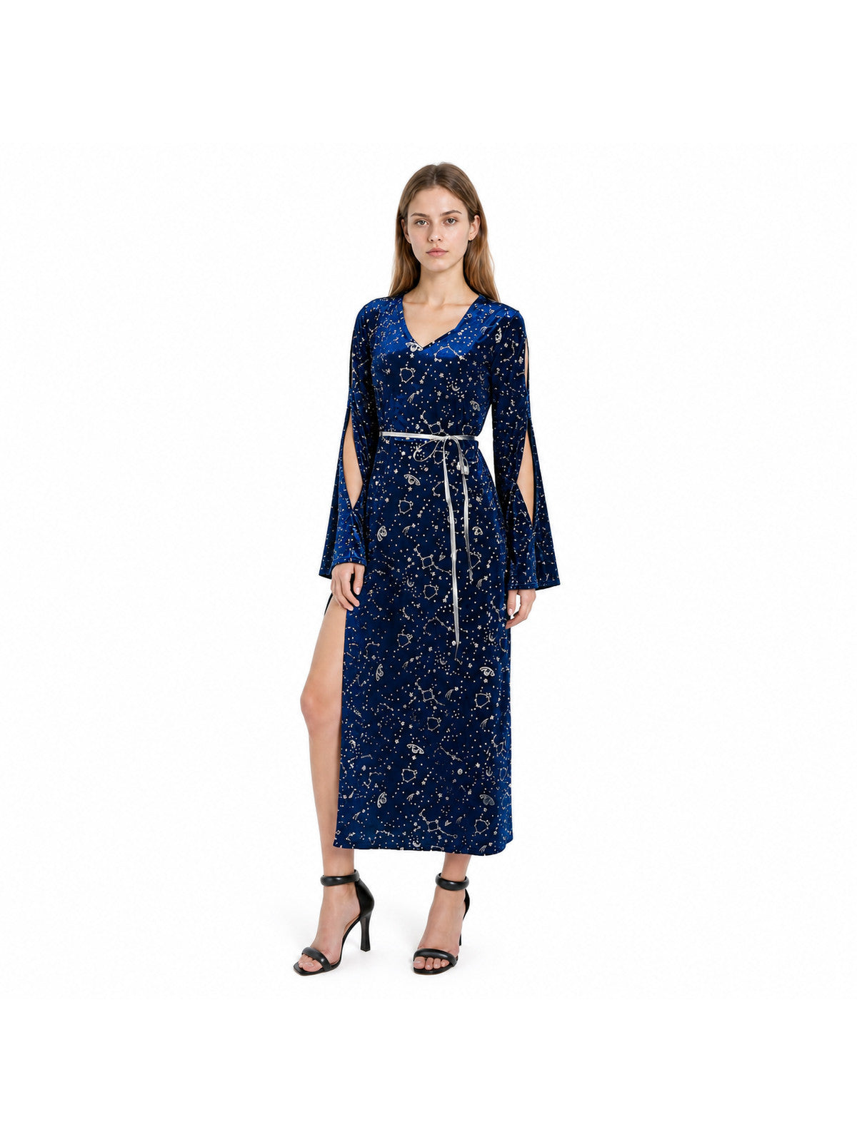 Long Blue Dress with Star and Moon Print, Flared Sleeves Costume Dresses detail