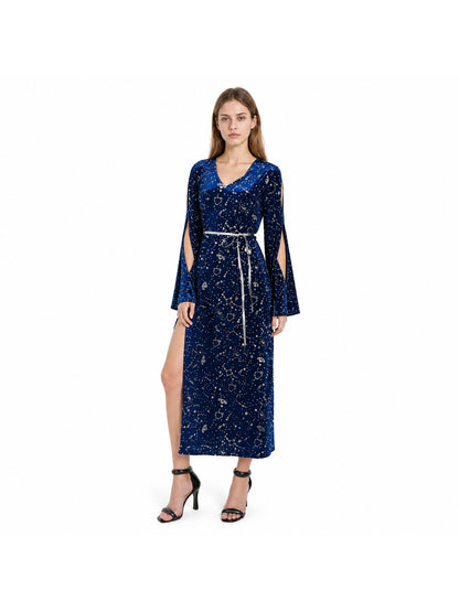 Long Blue Dress with Star and Moon Print, Flared Sleeves Costume Dresses detail