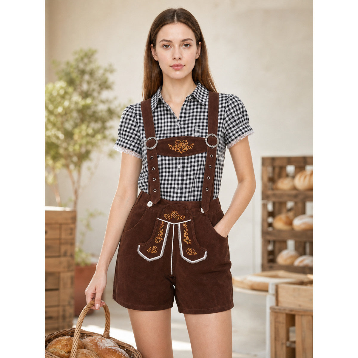 Shirt and Brown Suspender Shorts Set lifestyle