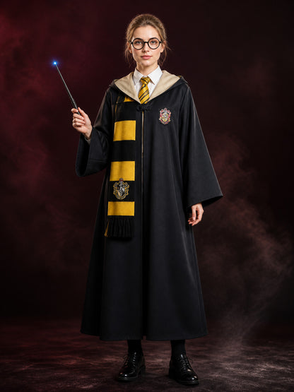 Hufflepuff Wizard Costume Set, Hooded Robe With Striped Scarf, Tie, Glasses & main product view