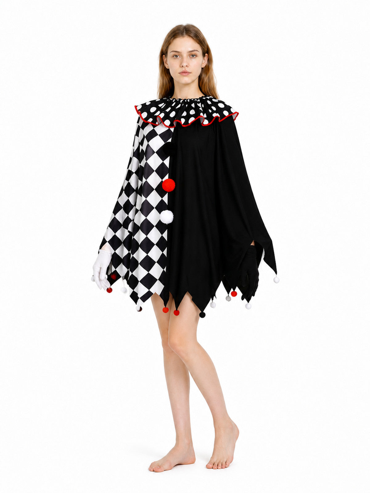 Clown Cape Cloak with Gloves and Pompoms Costume Capes detail