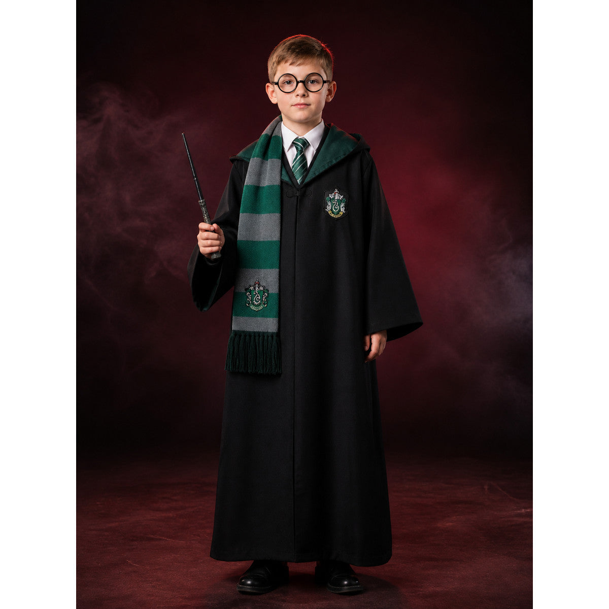 Kids Wizard Robe Costume Set, Dark Green Hooded Robe with Tie Scarf Glasses and lifestyle
