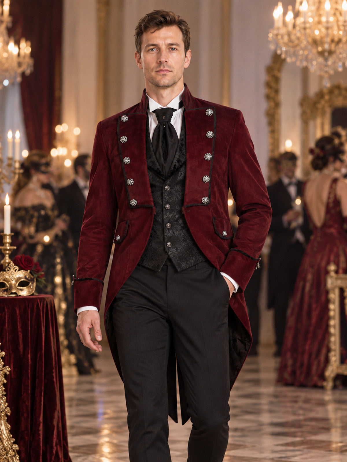 Burgundy tailcoat with tails and silver buttons