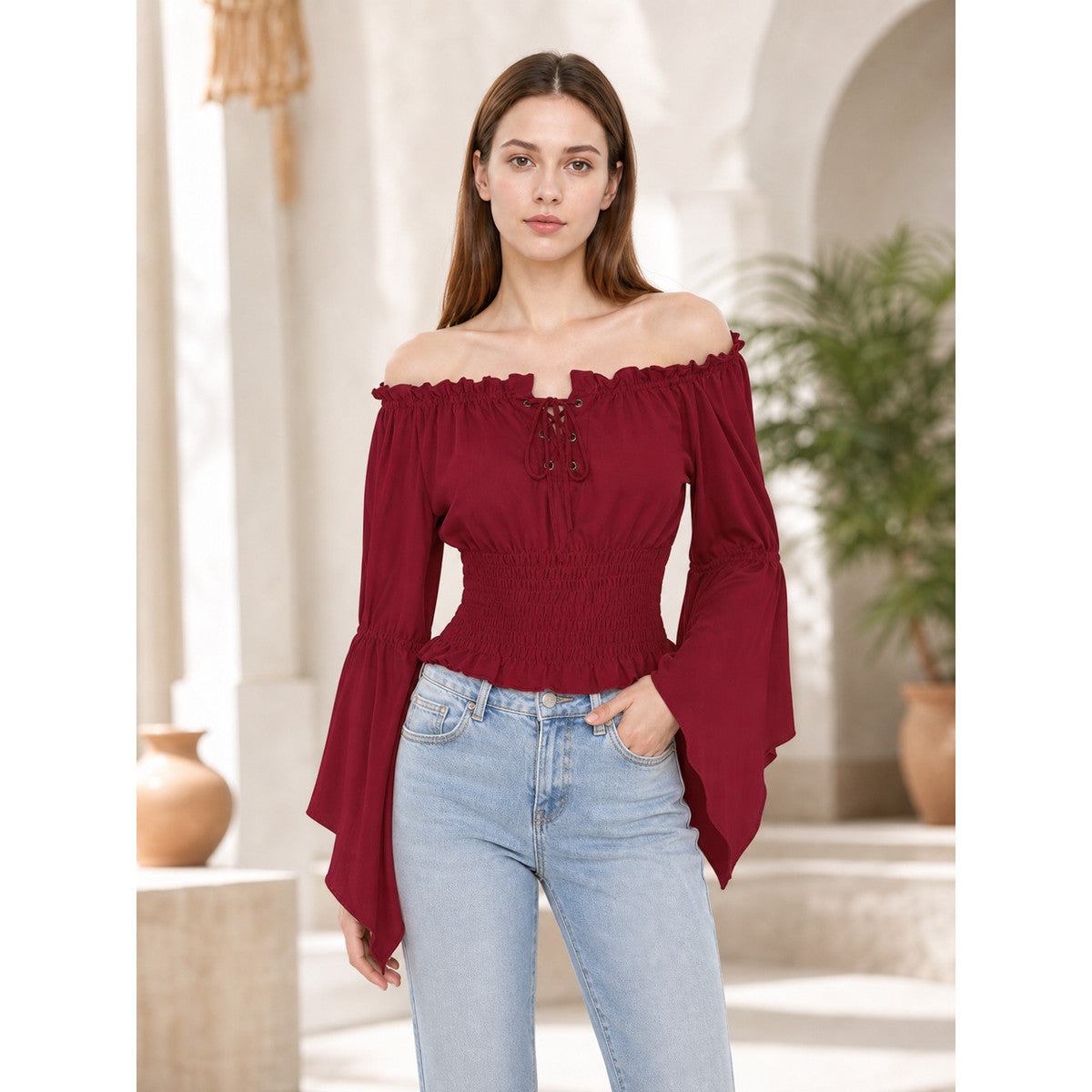 Cropped Off-the-Shoulder Lace-Up Blouse lifestyle