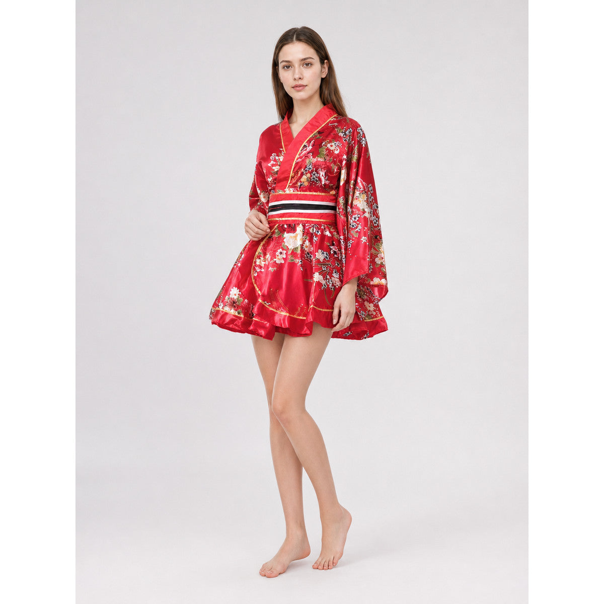Kimono with Belt and Short Skirt, Floral Print