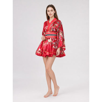 Kimono with Belt and Short Skirt, Floral Print