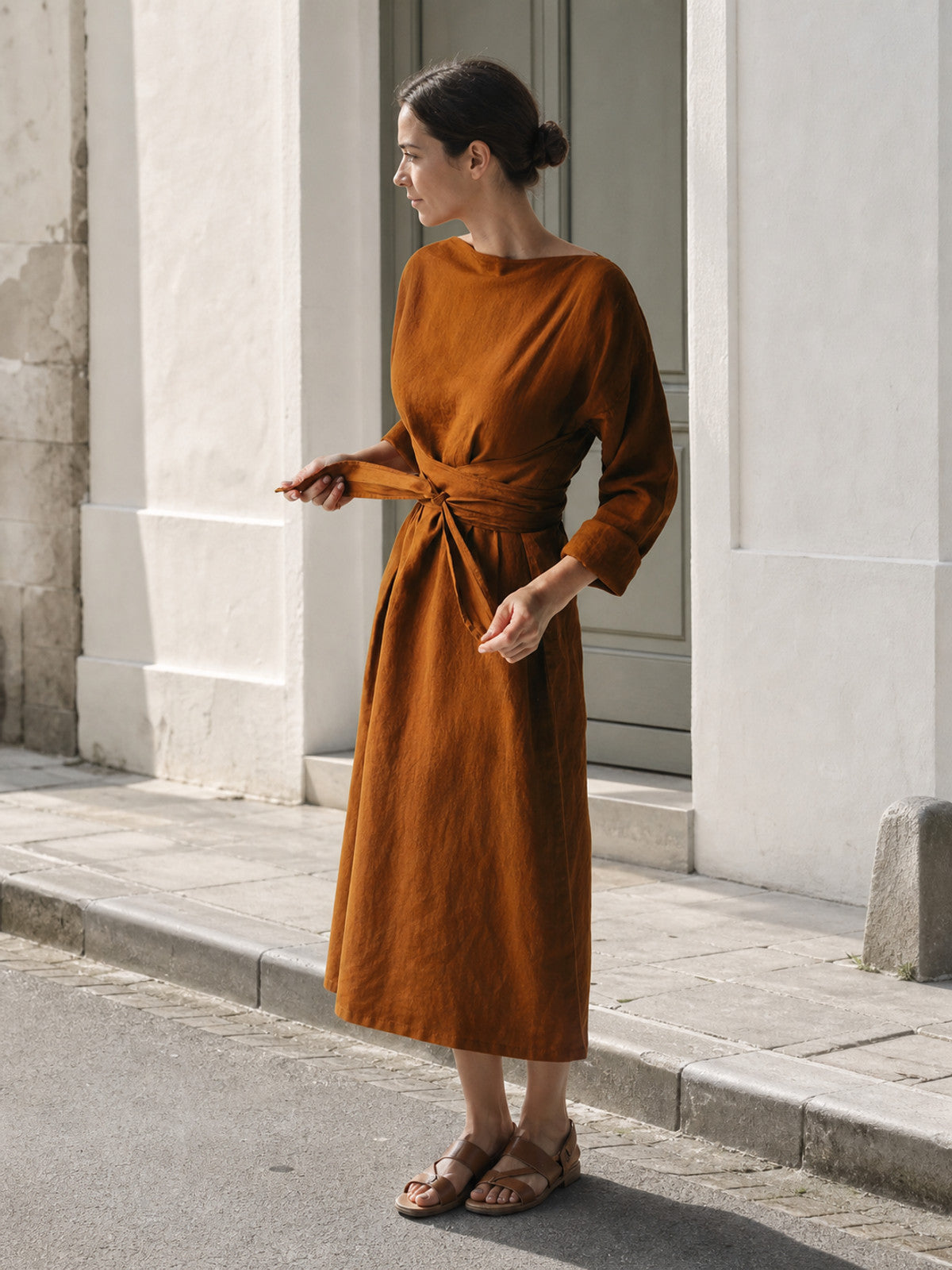 Brown Dress with a Wide Neckline and Belt
