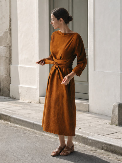 Brown Dress with a Wide Neckline and Belt