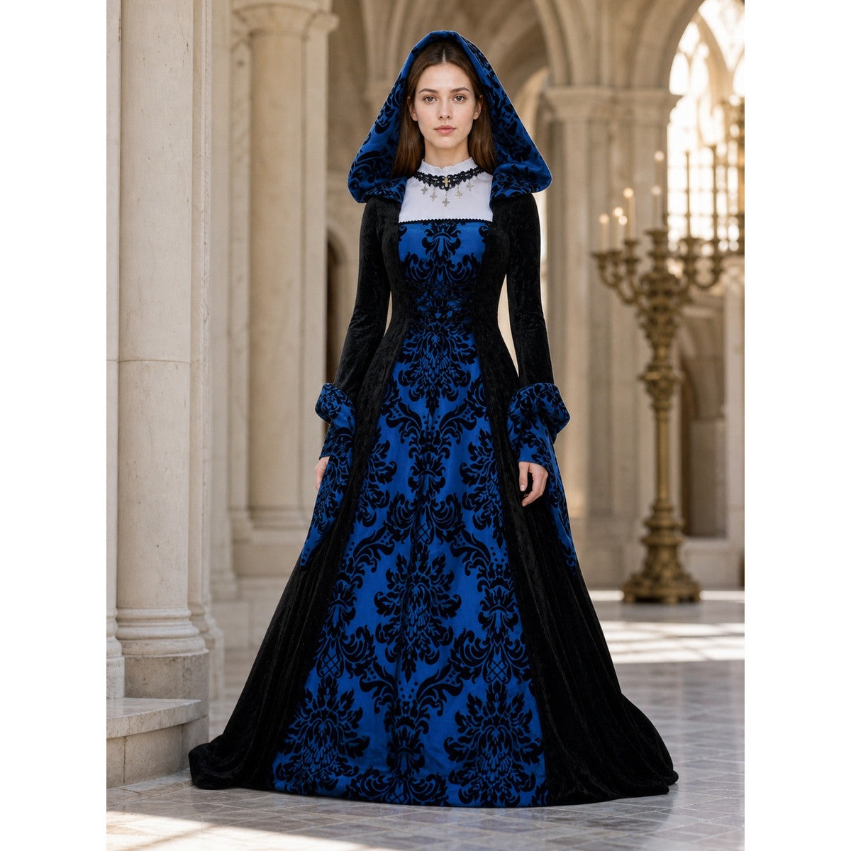 Gothic Hooded Dress with Damask Pattern lifestyle view