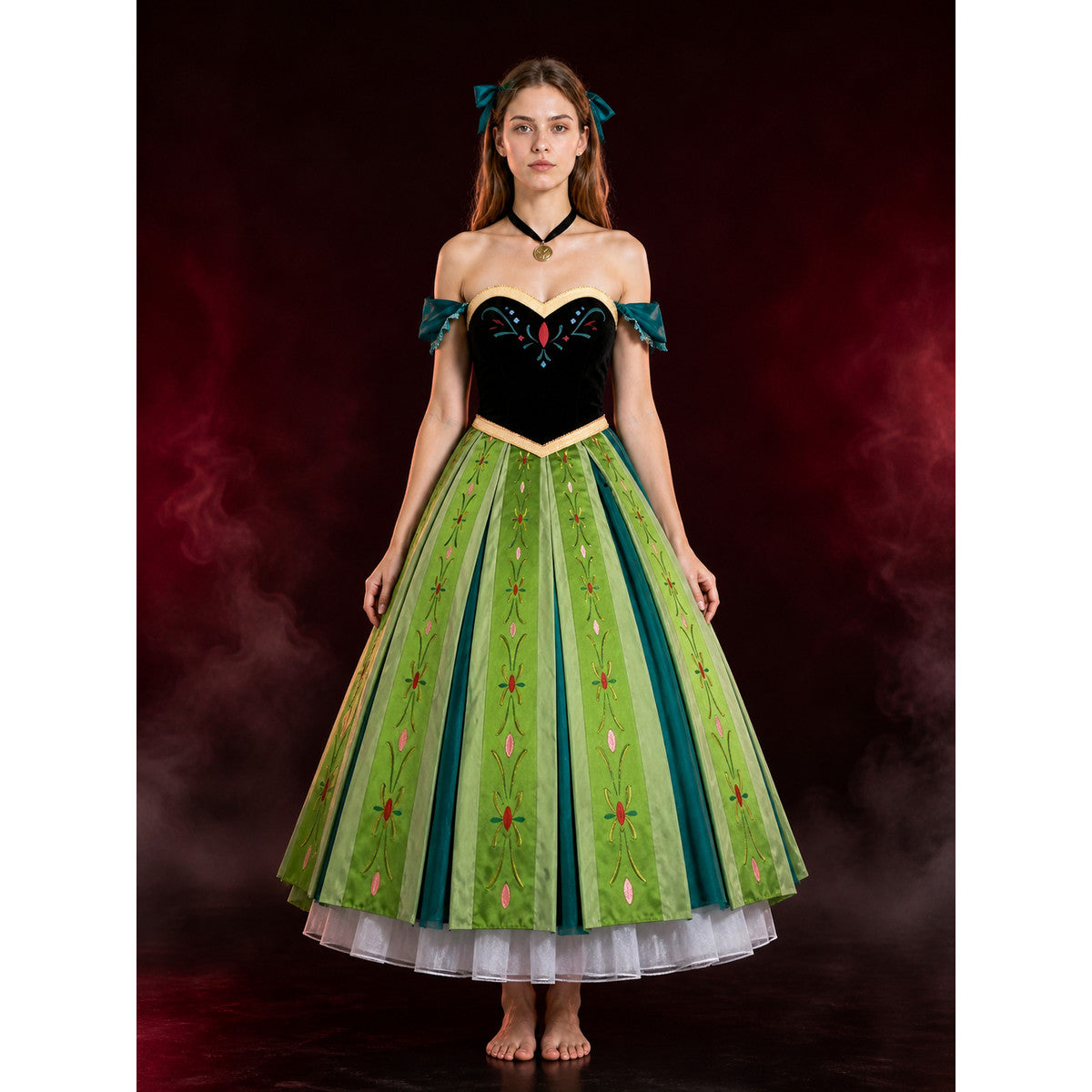 Adult Anna Cosplay Costume Set, Embroidered Green Vest And Skirt With Necklace lifestyle