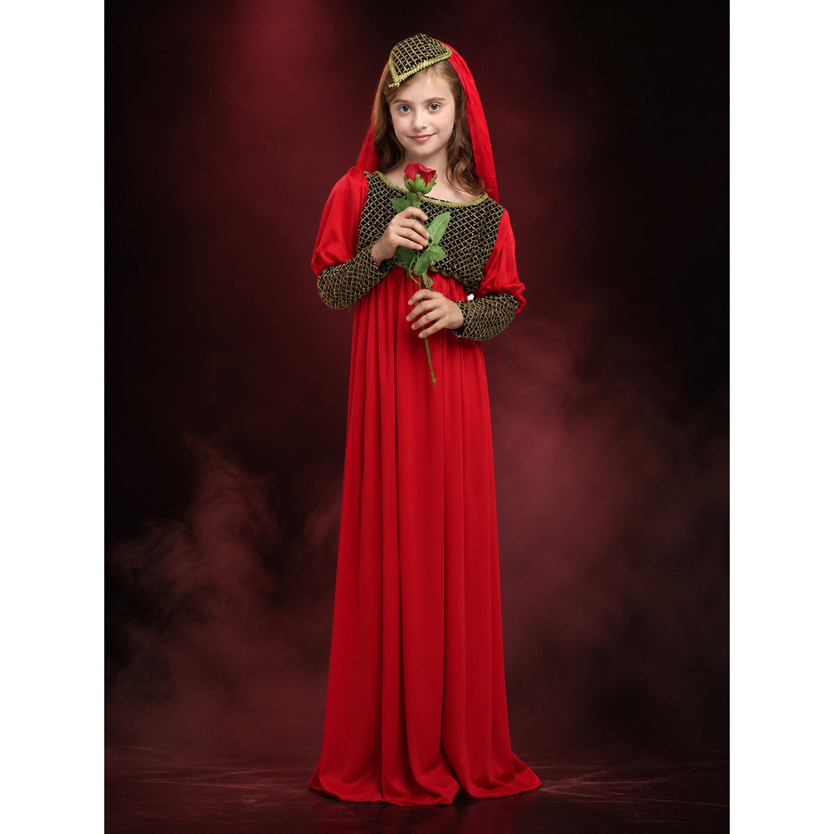 Red Princess Costume Dress with Black Gold Pattern and Headpiece, Long Sleeve lifestyle