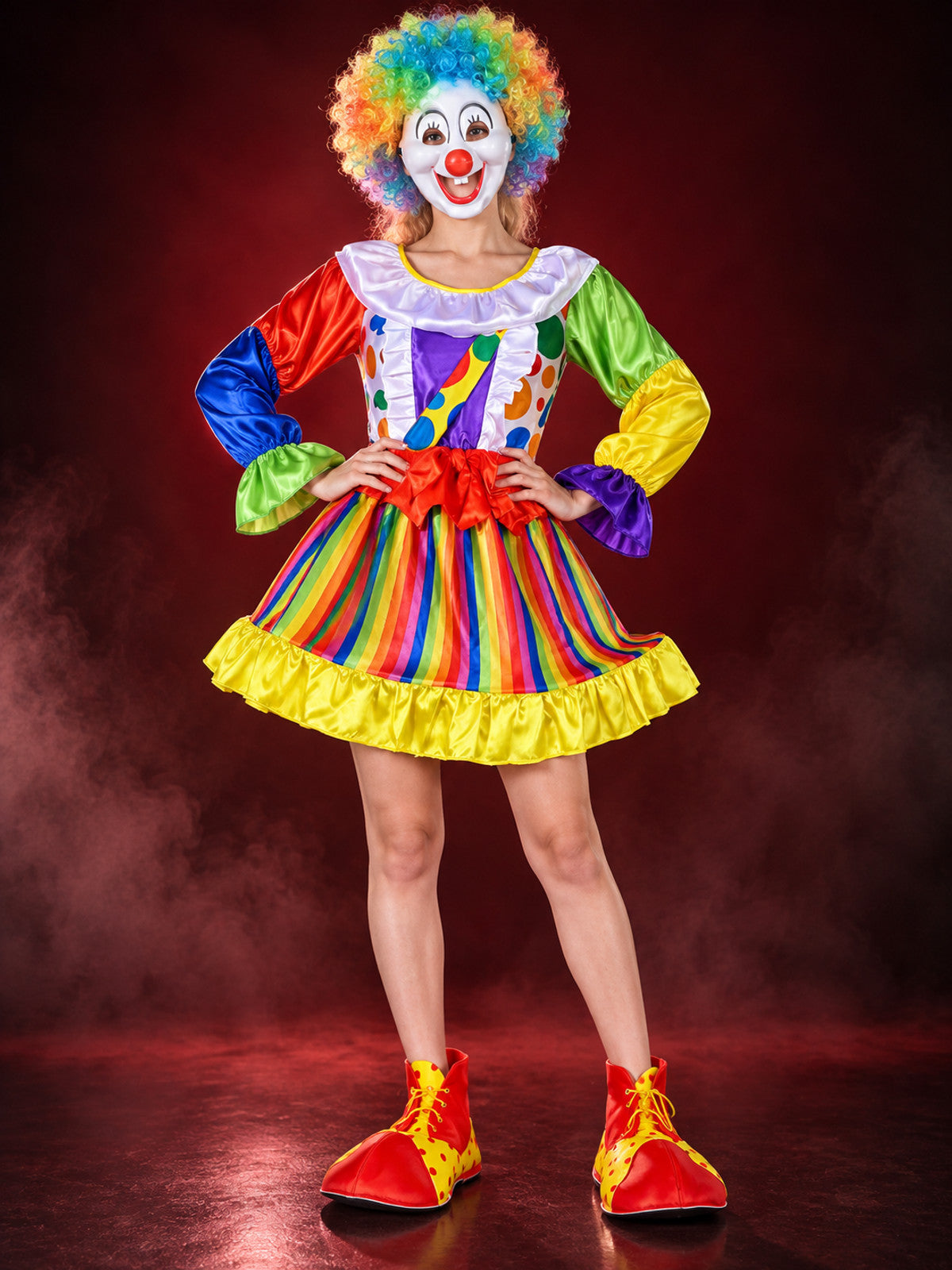 Adult Clown Costume with Multicolored Wig and Mask
