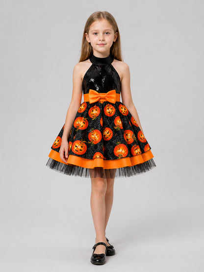 Halloween Dress with Pumpkins and Spiderwebs, Sequins Costume Dresses detail