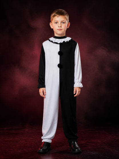 Men's Clown Jumpsuit Halloween Costume with Black and White Ruffle Trim