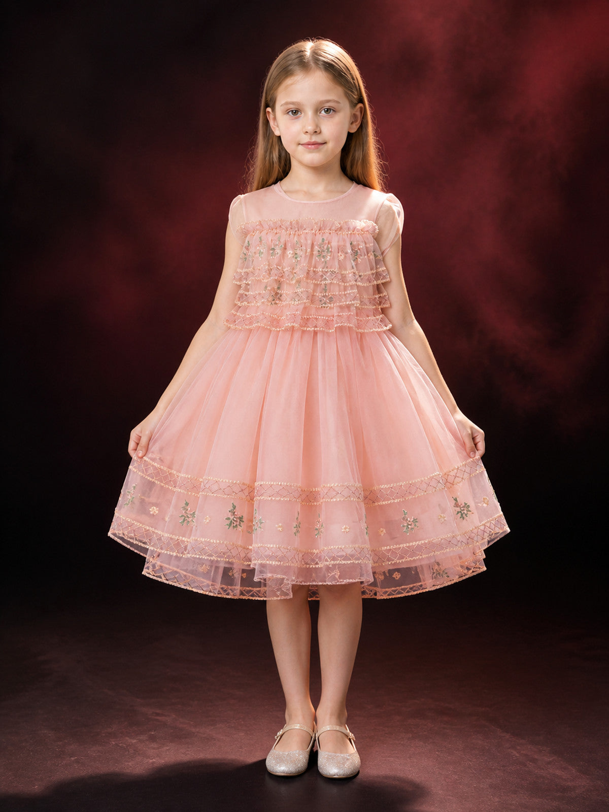 Girls' Pink Princess Party Dress with Floral Pattern and Gold Trim main product view