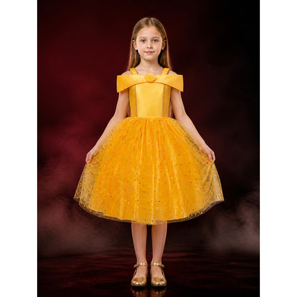 Girls Gold Yellow Sequined Tutu Princess Dress with Bow and Rose, Halter Neck lifestyle
