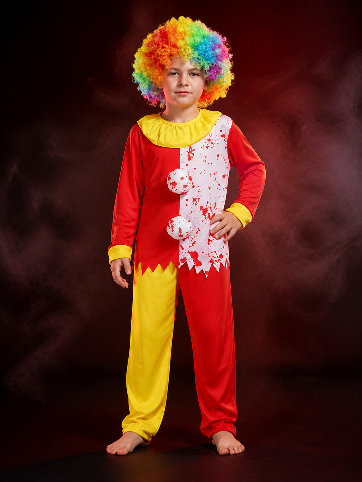 Kids' Clown Costume Jumpsuit Set with Rainbow Afro Wig, Colorful Halloween main product view