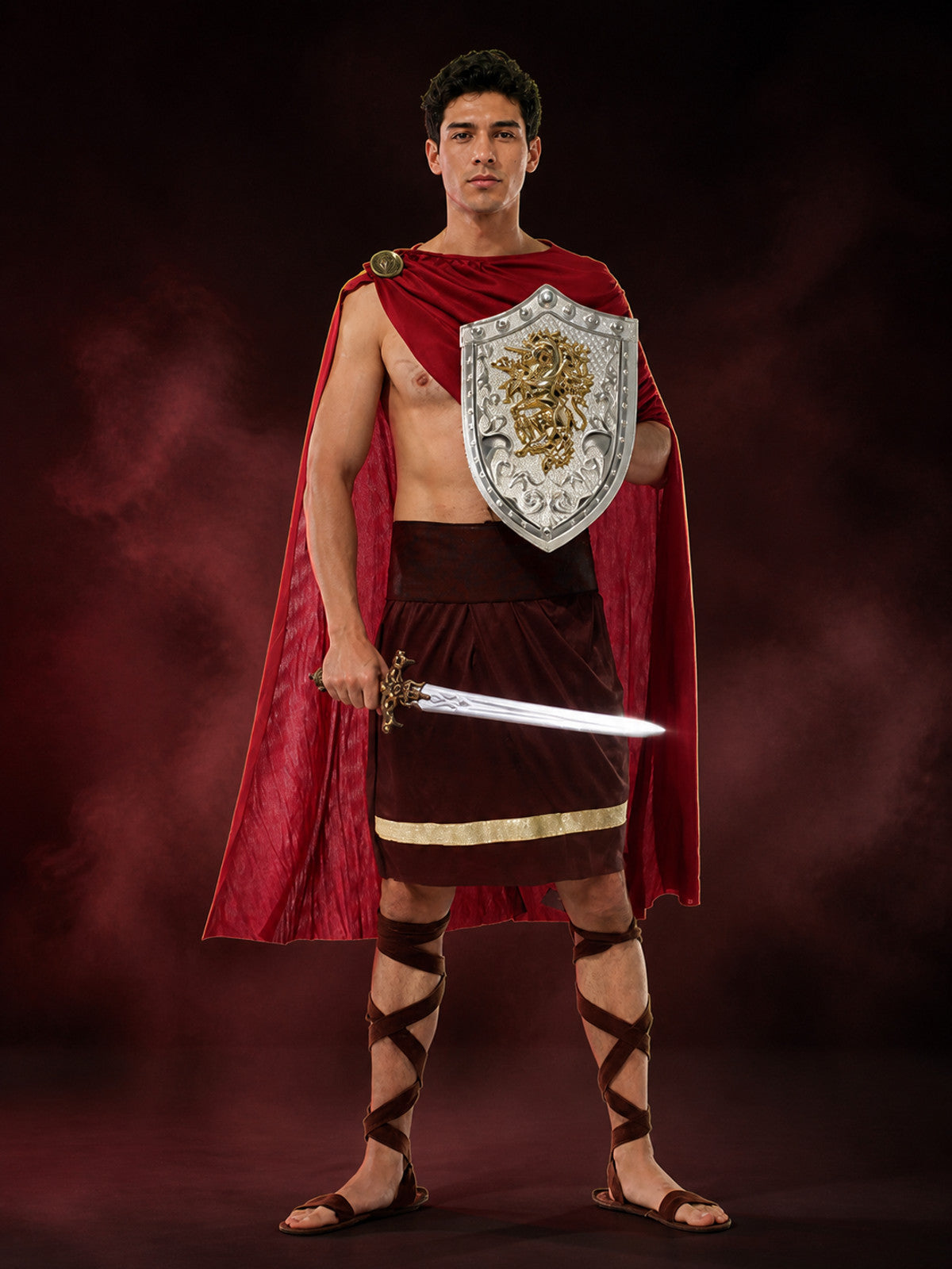Men's Spartan Warrior Costume Set with Red Cape and Tunic, Ancient Greek Fancy main product view