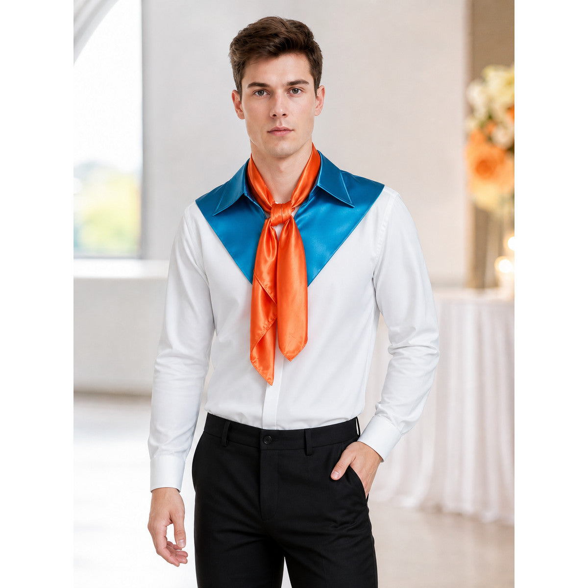 Blue collar and orange satin-look neck scarf on a male model wearing a white long-sleeve shirt in an indoor setting