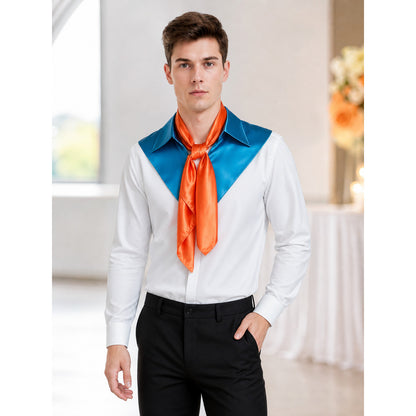 Blue collar and orange satin-look neck scarf on a male model wearing a white long-sleeve shirt in an indoor setting