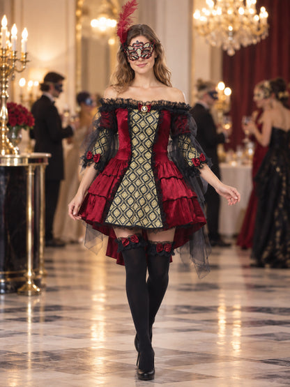 Carnival Costume with Feather Mask and Red Bows