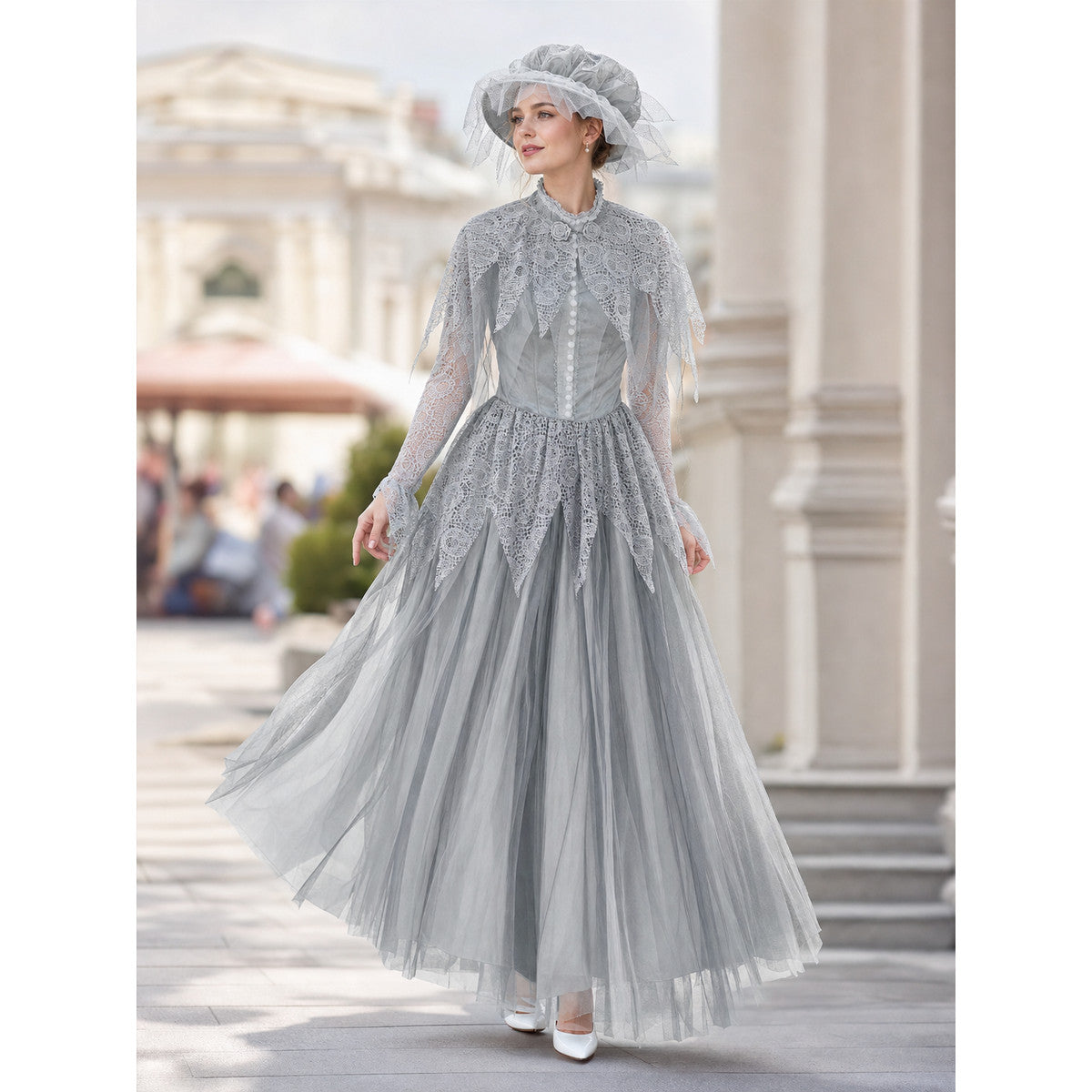 Gothic Halloween costume with dress and veil lifestyle
