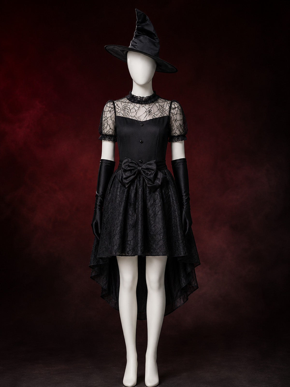 Black Witch Costume Set with Lace Mesh Dress, Pointed Hat and Long Gloves