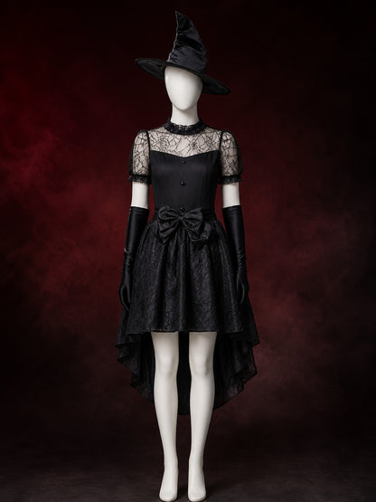 Black Witch Costume Set with Lace Mesh Dress, Pointed Hat and Long Gloves
