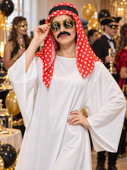 Carnival costume with a headscarf, mustache, and glasses