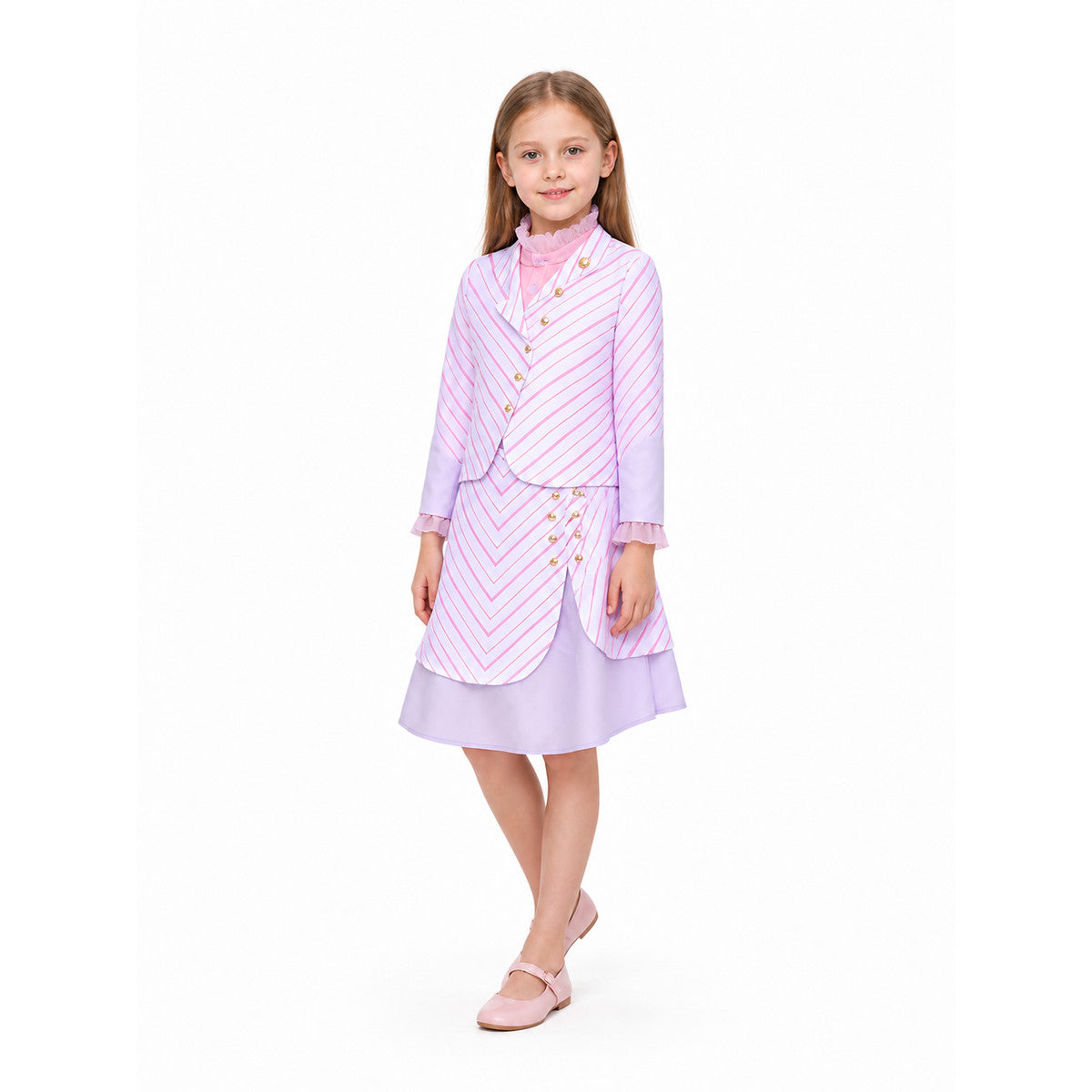 Kids Wicked Glinda Costume Set – 3 Piece Pink Striped Outfit with Gold Buttons on-model front view