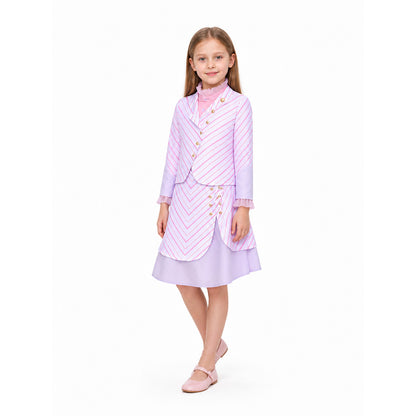 Kids Wicked Glinda Costume Set – 3 Piece Pink Striped Outfit with Gold Buttons on-model front view
