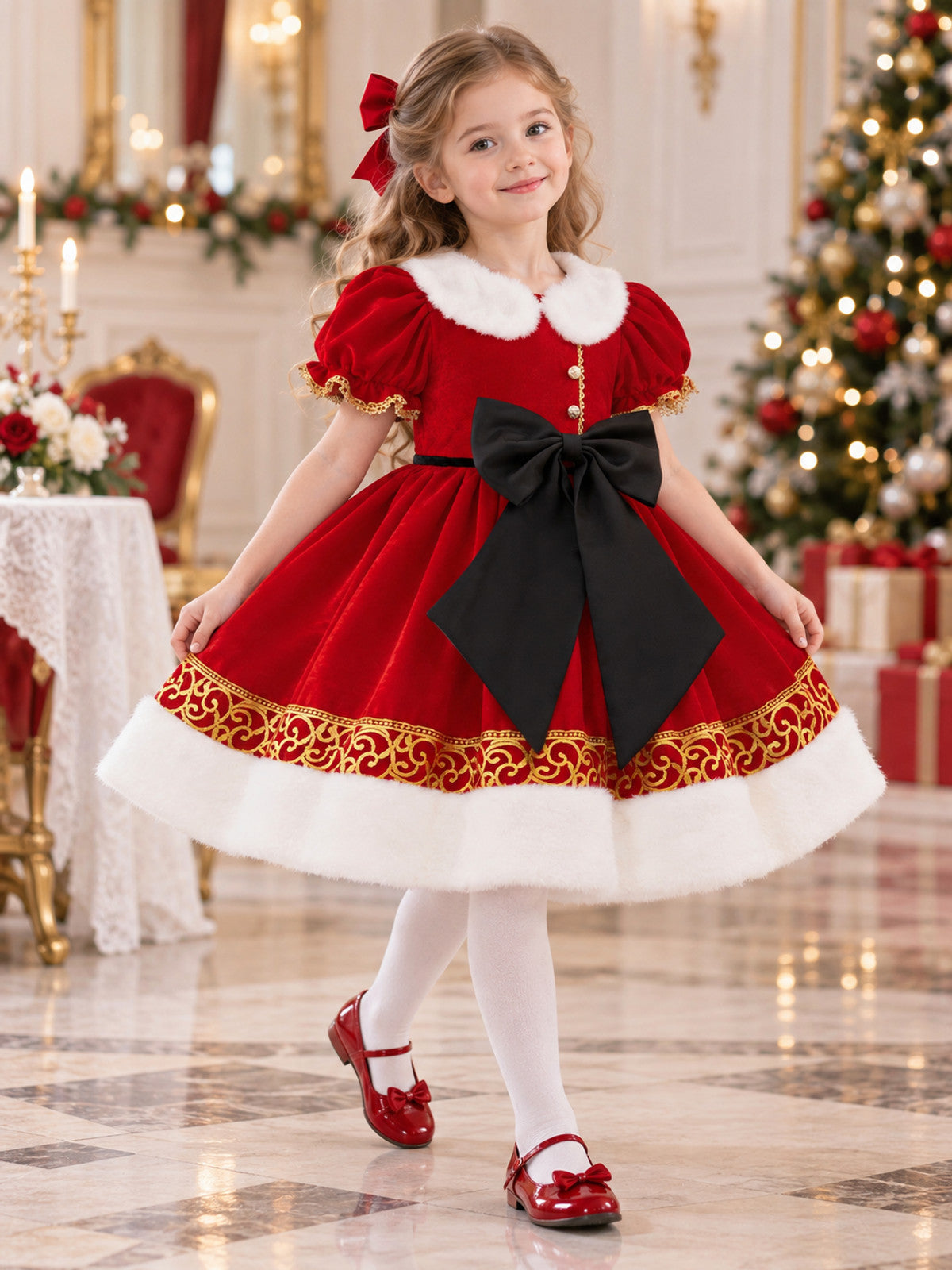 Kids' Holiday Dress with Bow and Faux Fur Collar