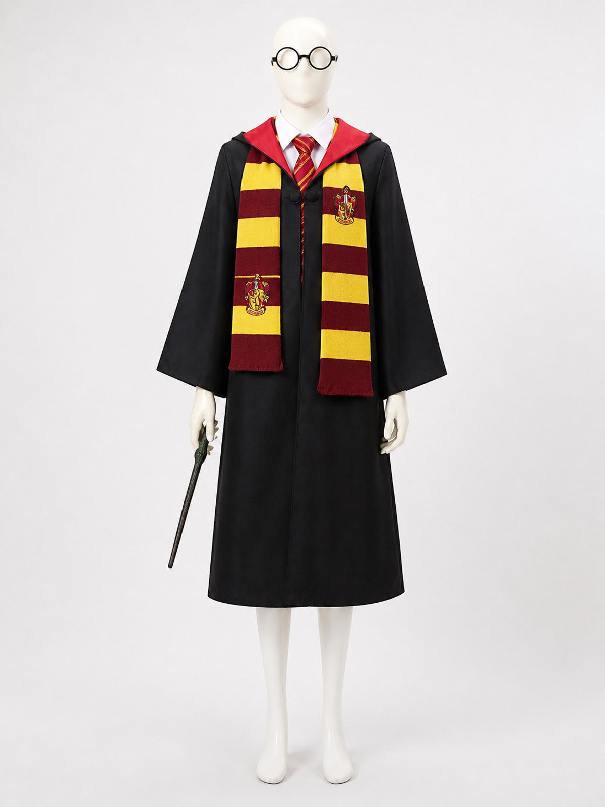 Gryffindor Wizard Costume Set, Hooded Robe With Scarf, Tie, Wand And Glasses main product view