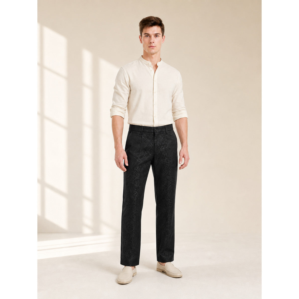 Men's Black Straight-Leg Jacquard Pants lifestyle view