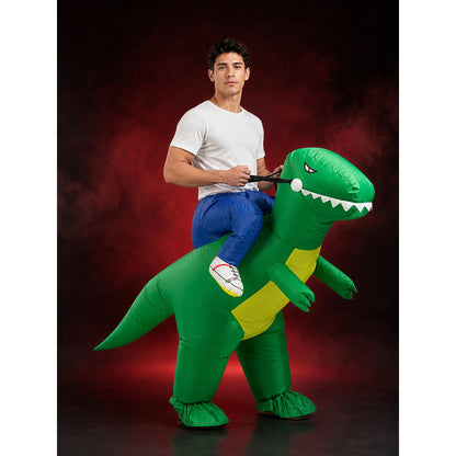 Adult Inflatable Dinosaur Costume, Green with Yellow Belly and White Teeth main product view