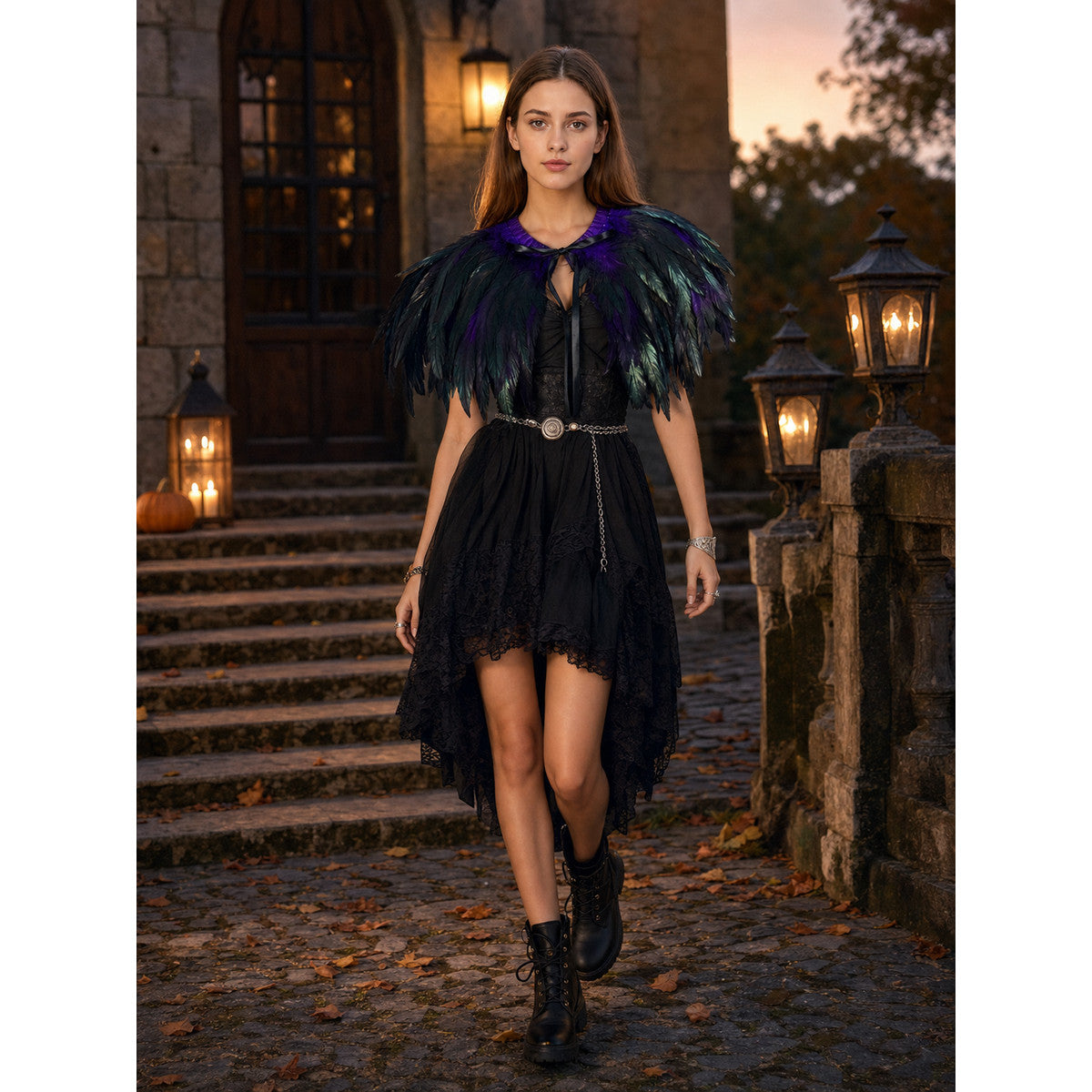Two-Layer Downward Feather Cape, Front Center Black Tie, Shoulder Wrap, Gradient Sheen, Purple Teal Black, Stage Performance Cape