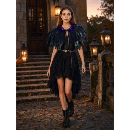 Two-Layer Downward Feather Cape, Front Center Black Tie, Shoulder Wrap, Gradient Sheen, Purple Teal Black, Stage Performance Cape