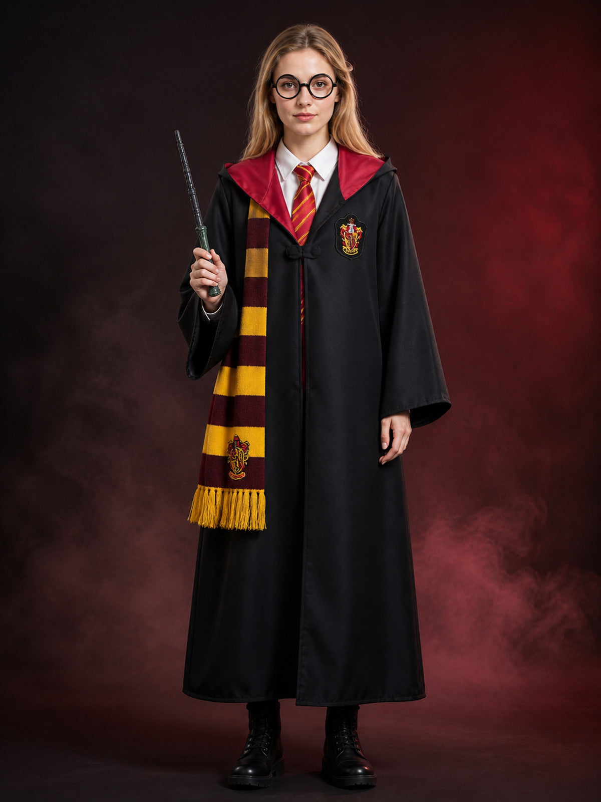 Gryffindor Hooded Wizard Costume Set - Complete Outfit with Accessories