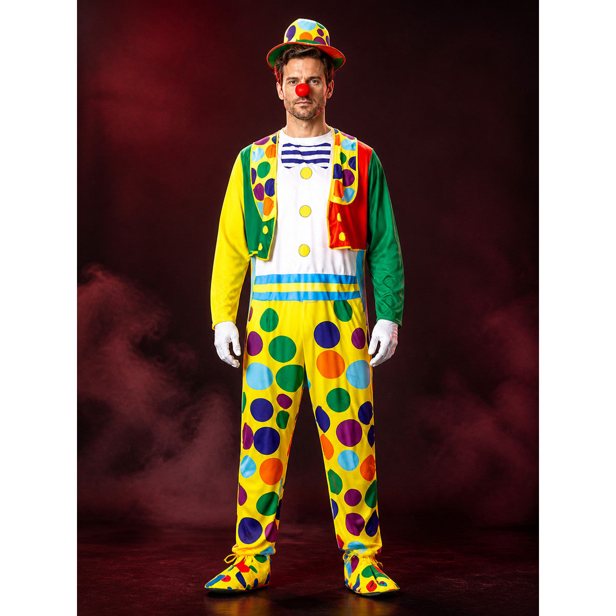 Unisex Adult Clown Jumpsuit Costume Set with Polka Dot Hat and Robe for main product view
